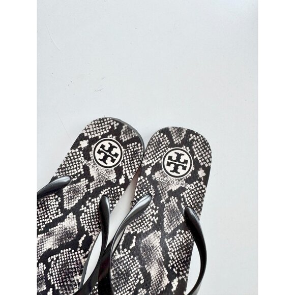 TORY BURCH Kira Black Snake Gold Logo Medallion Rubber Thong Flip Flops, Size 10 - Picture 3 of 5